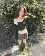 Cloudemotion 蕾丝内搭露肩两件套 卡其色