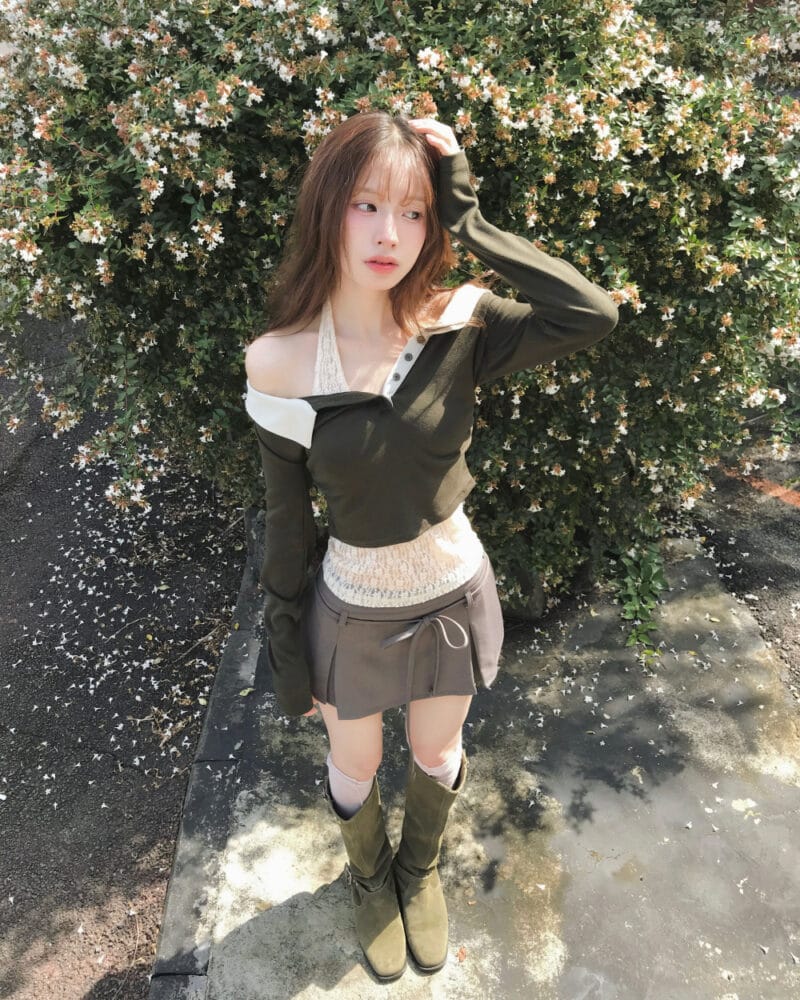 Cloudemotion 蕾丝内搭露肩两件套 卡其色