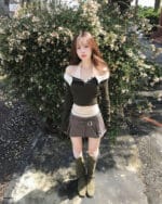 Cloudemotion 蕾丝内搭露肩两件套 卡其色