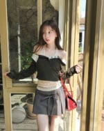 Cloudemotion 蕾丝内搭露肩两件套 卡其色