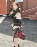 Cloudemotion 蕾丝内搭露肩两件套 卡其色