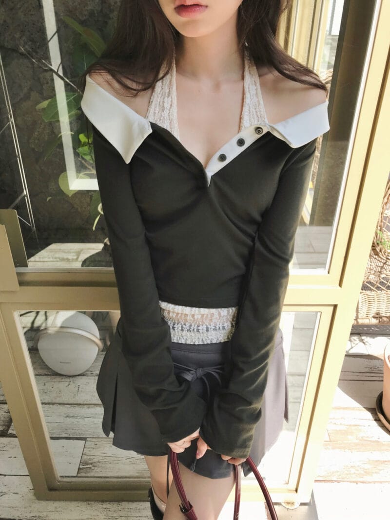 Cloudemotion 蕾丝内搭露肩两件套 卡其色