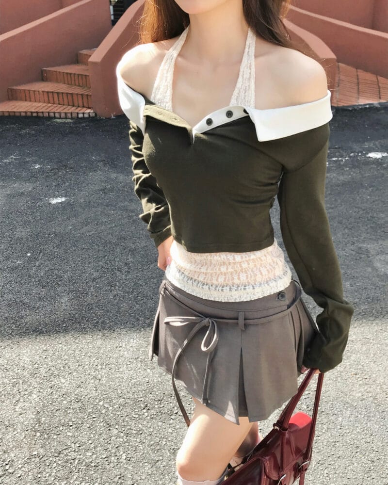 Cloudemotion 蕾丝内搭露肩两件套 卡其色