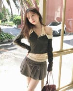 Cloudemotion 蕾丝内搭露肩两件套 卡其色