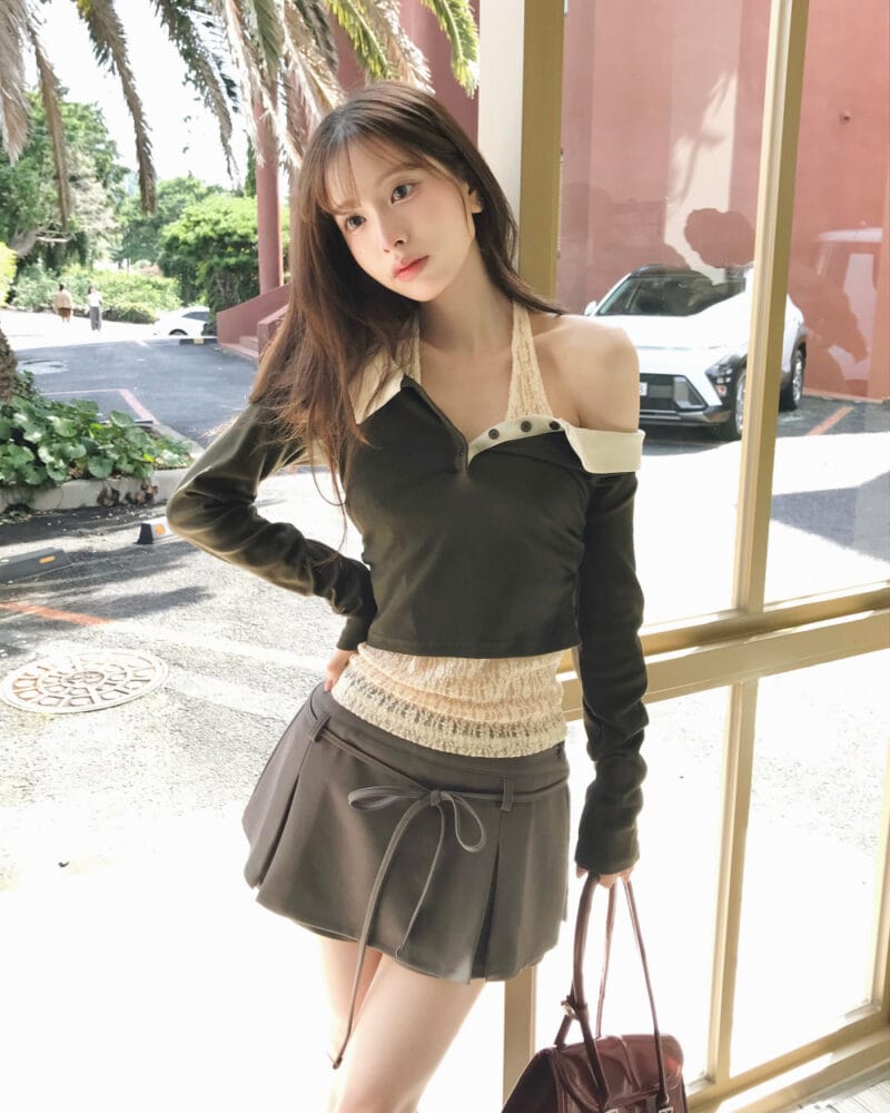 Cloudemotion 蕾丝内搭露肩两件套 卡其色