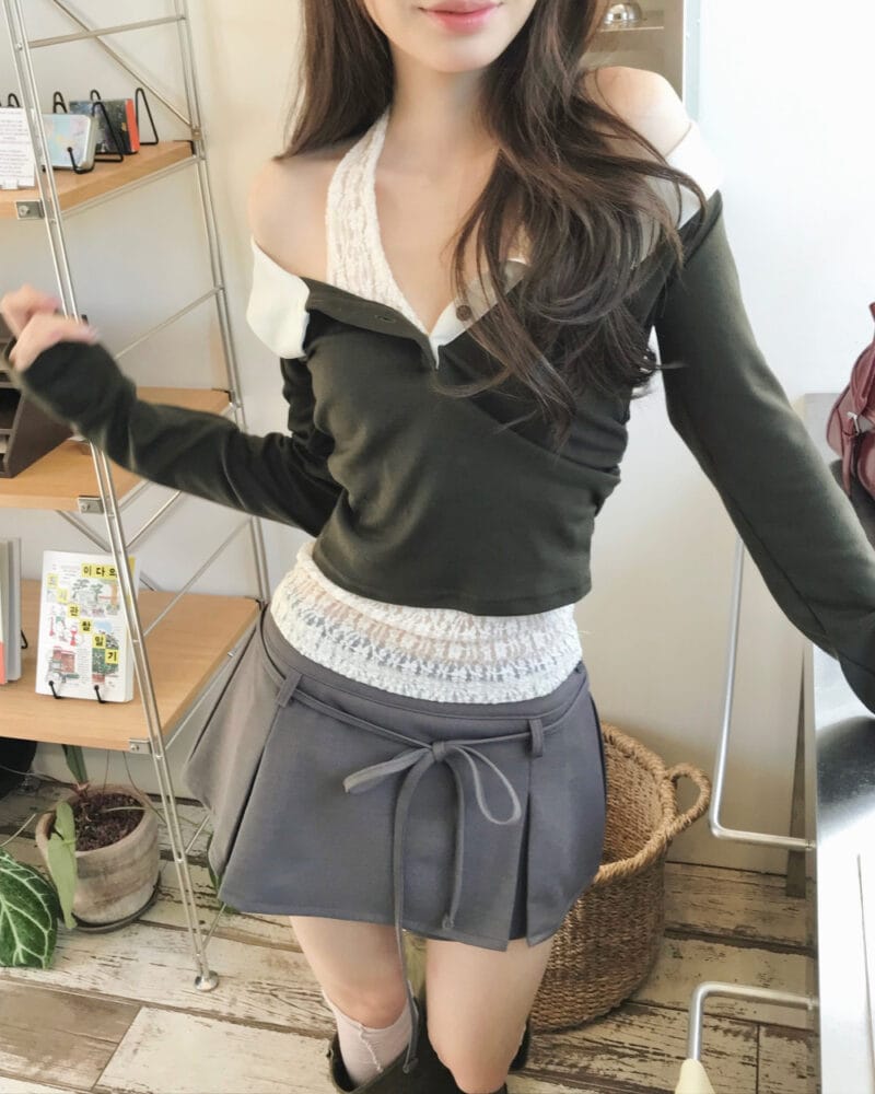 Cloudemotion 蕾丝内搭露肩两件套 卡其色