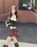 Cloudemotion 蕾丝内搭露肩两件套 卡其色