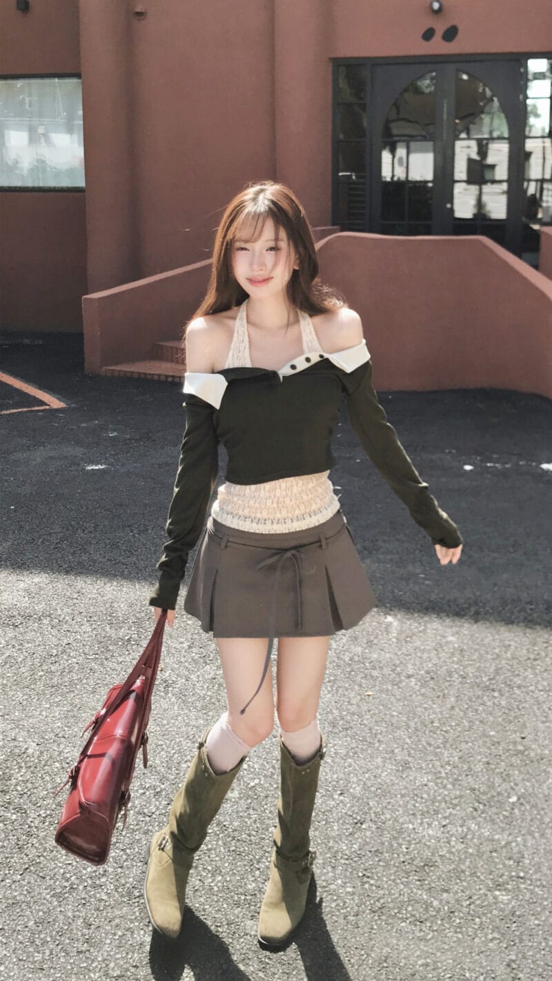 Cloudemotion 蕾丝内搭露肩两件套 卡其色