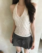 Cloudemotion 蕾丝内搭露肩两件套 卡其色