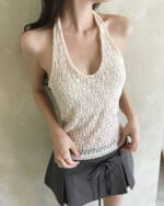 Cloudemotion 蕾丝内搭露肩两件套 卡其色