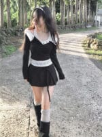 Cloudemotion 蕾丝内搭露肩两件套 黑色