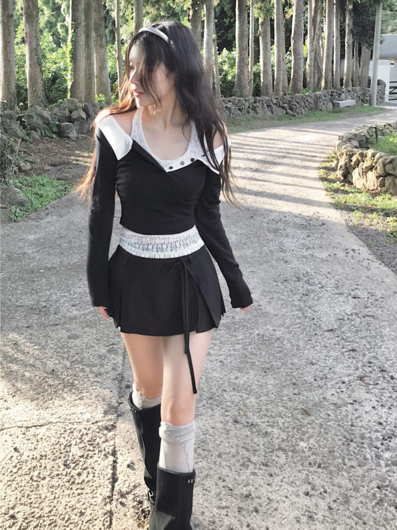 Cloudemotion 蕾丝内搭露肩两件套 黑色