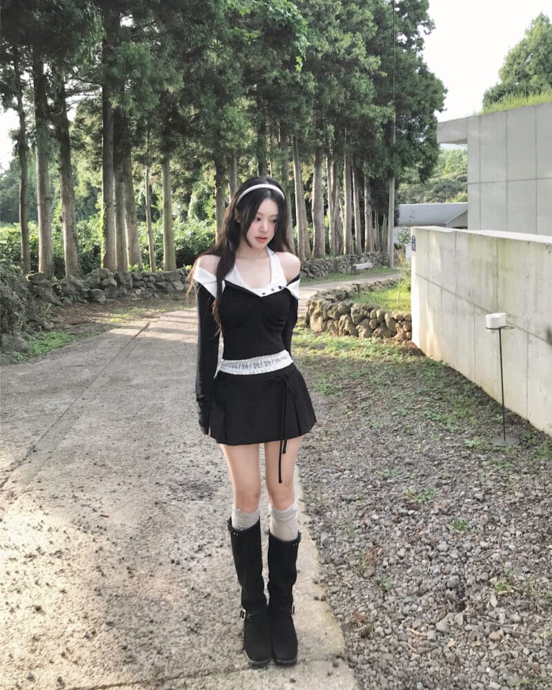 Cloudemotion 蕾丝内搭露肩两件套 黑色