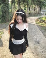 Cloudemotion 蕾丝内搭露肩两件套 黑色