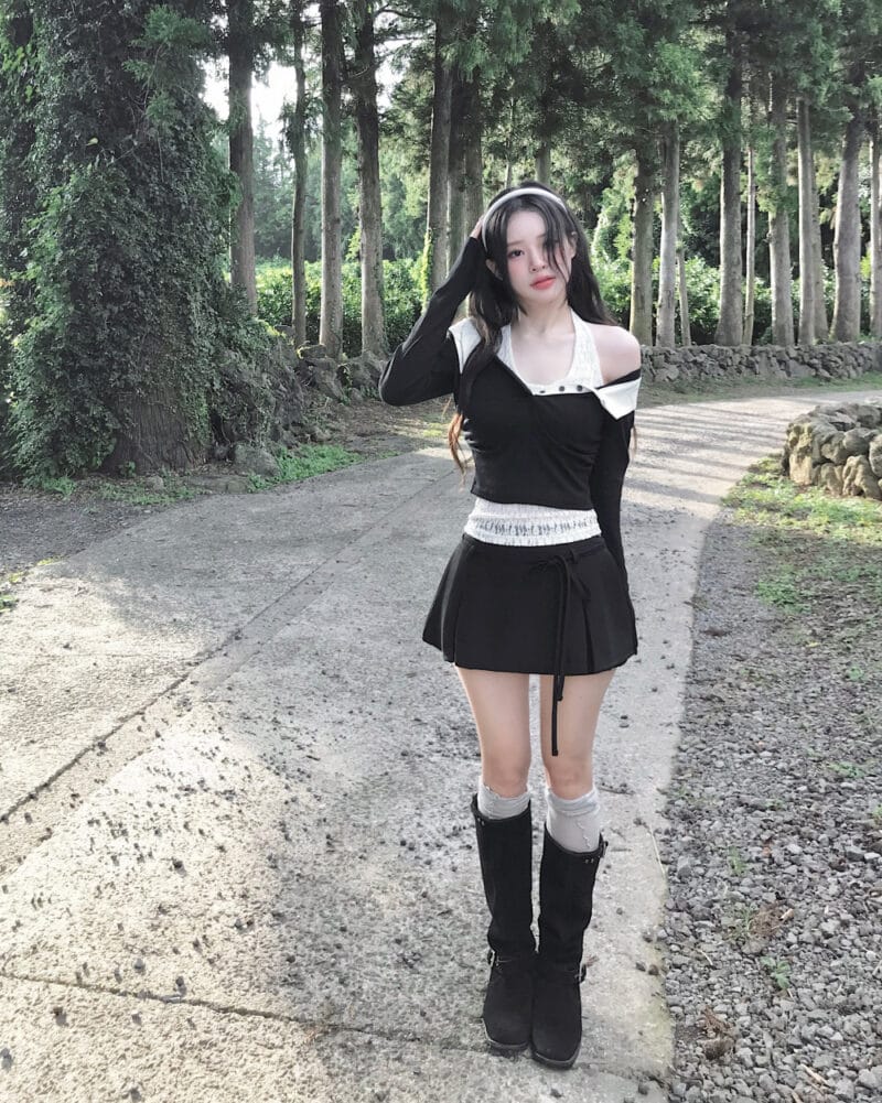 Cloudemotion 蕾丝内搭露肩两件套 黑色