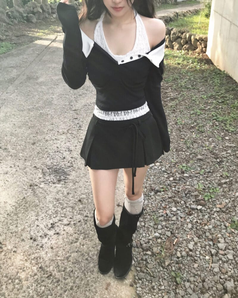 Cloudemotion 蕾丝内搭露肩两件套 黑色