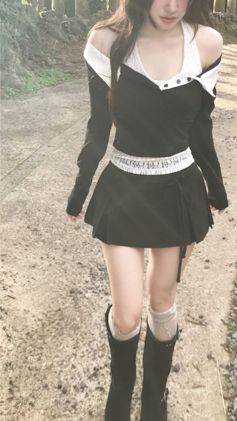 Cloudemotion 蕾丝内搭露肩两件套 黑色