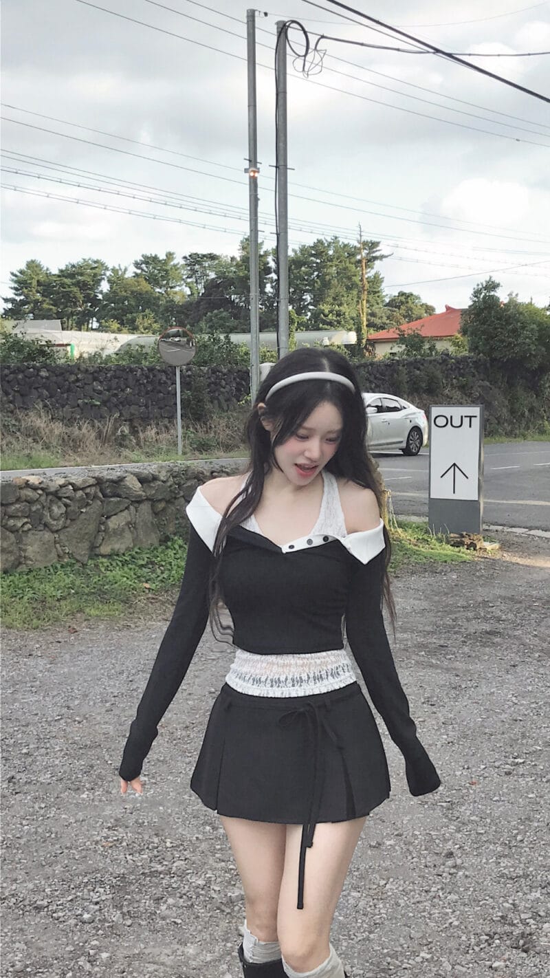 Cloudemotion 蕾丝内搭露肩两件套 黑色