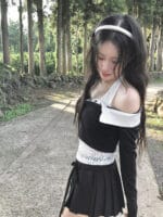 Cloudemotion 蕾丝内搭露肩两件套 黑色