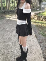 Cloudemotion 蕾丝内搭露肩两件套 黑色