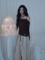 Newalrin Cats Draping One-Shoulder Top - Brown