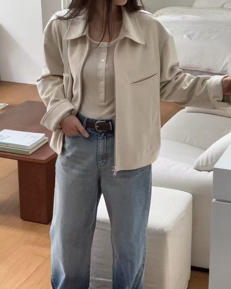 麂皮绒短款米白色夹克外套