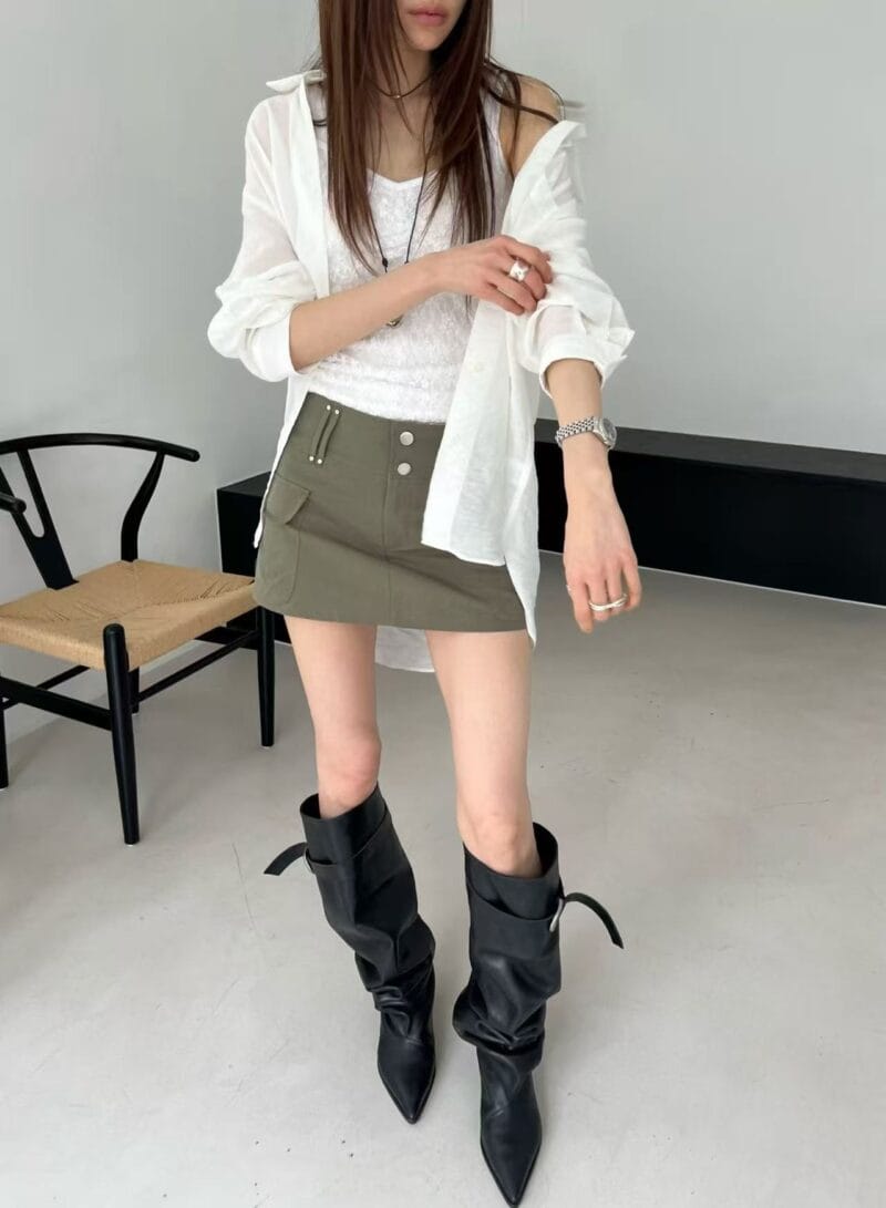 韩女必备 低腰橄榄绿工装裙