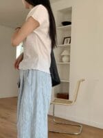 超适合夏天的缝线条纹阔腿裤