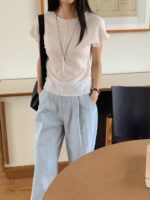 超适合夏天的缝线条纹阔腿裤