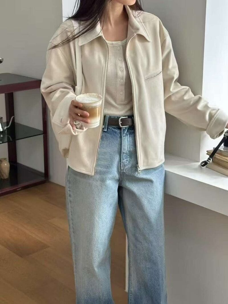 麂皮绒短款米白色夹克外套