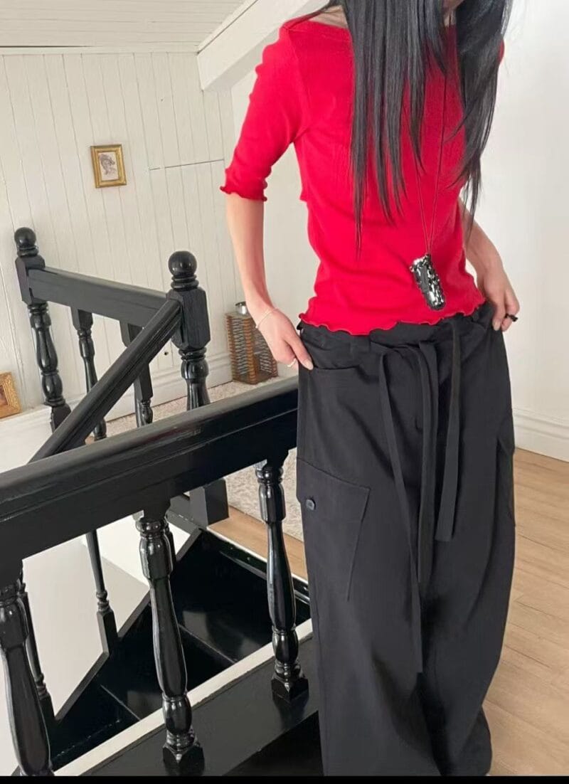 双腰带设计慵懒感松紧腰工装裤