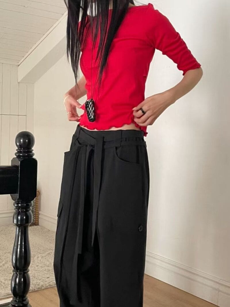 双腰带设计慵懒感松紧腰工装裤