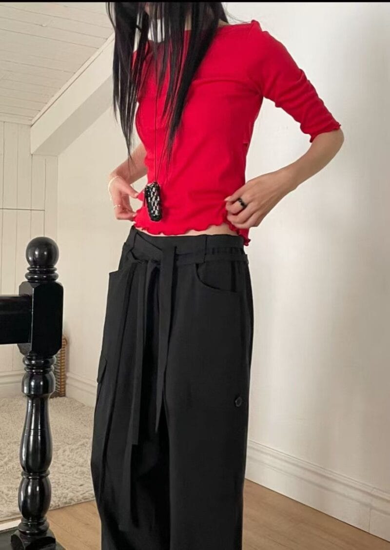 双腰带设计慵懒感松紧腰工装裤